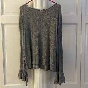 Lucky Brand Ribbed Gray Marble Bell Tie Sleeve Sweater